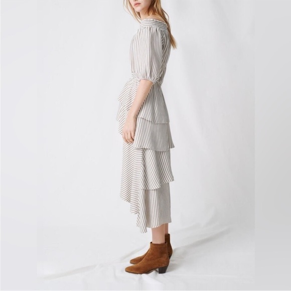 Maje Striped Off-Shoulder, Tiered, Ruffle Dress - Picture 4 of 8